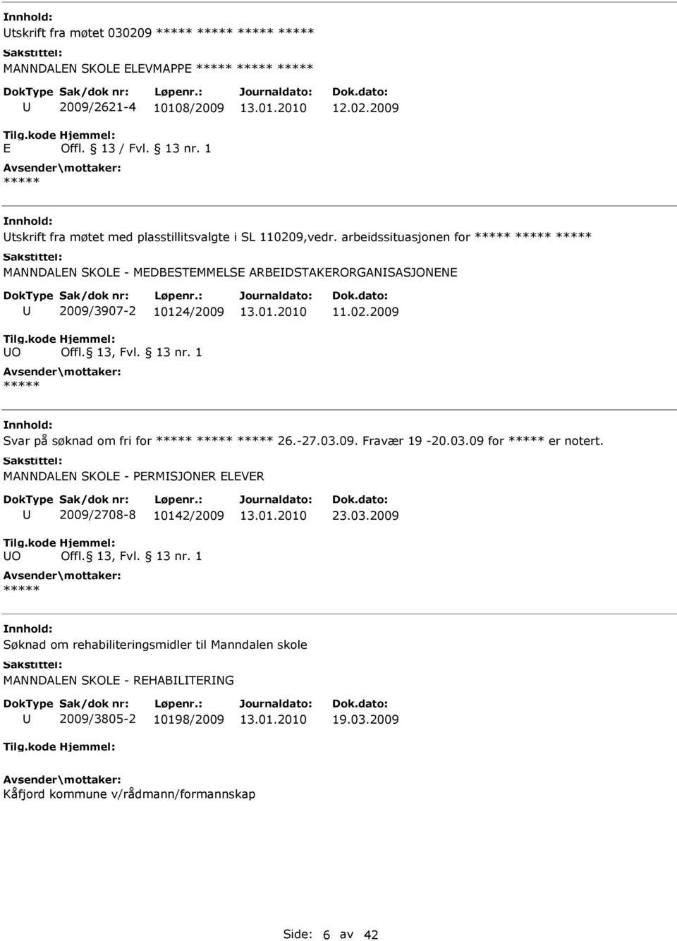 -27.03.09. Fravær 19-20.03.09 for er notert. MANNDALN SKOL - PRMSJONR LVR O 2009/2708-8 10142/2009 23.03.2009 Søknad om rehabiliteringsmidler til Manndalen skole MANNDALN SKOL - RHABLTRNG 2009/3805-2 10198/2009 19.