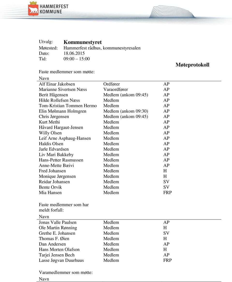 Tom-Kristian Tommen Hermo Medlem AP Elin Mølmann Holmgren Medlem (ankom 09:30) AP Chris Jørgensen Medlem (ankom 09:45) AP Kurt Methi Medlem AP Håvard Hargaut-Jensen Medlem AP Willy Olsen Medlem AP