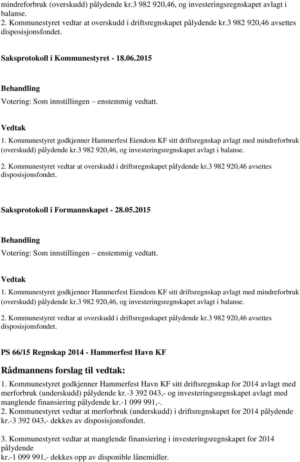 1. Kommunestyret godkjenner Hammerfest Eiendom KF sitt driftsregnskap avlagt med 3 982 920,46 avsettes disposisjonsfondet. PS 66/15 Regnskap 2014 - Hammerfest Havn KF 1.