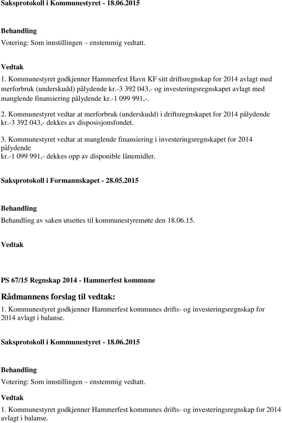 -3 392 043,- dekkes av disposisjonsfondet. 3. Kommunestyret vedtar at manglende finansiering i investeringsregnskapet for 2014 pålydende kr.-1 099 991,- dekkes opp av disponible lånemidler.