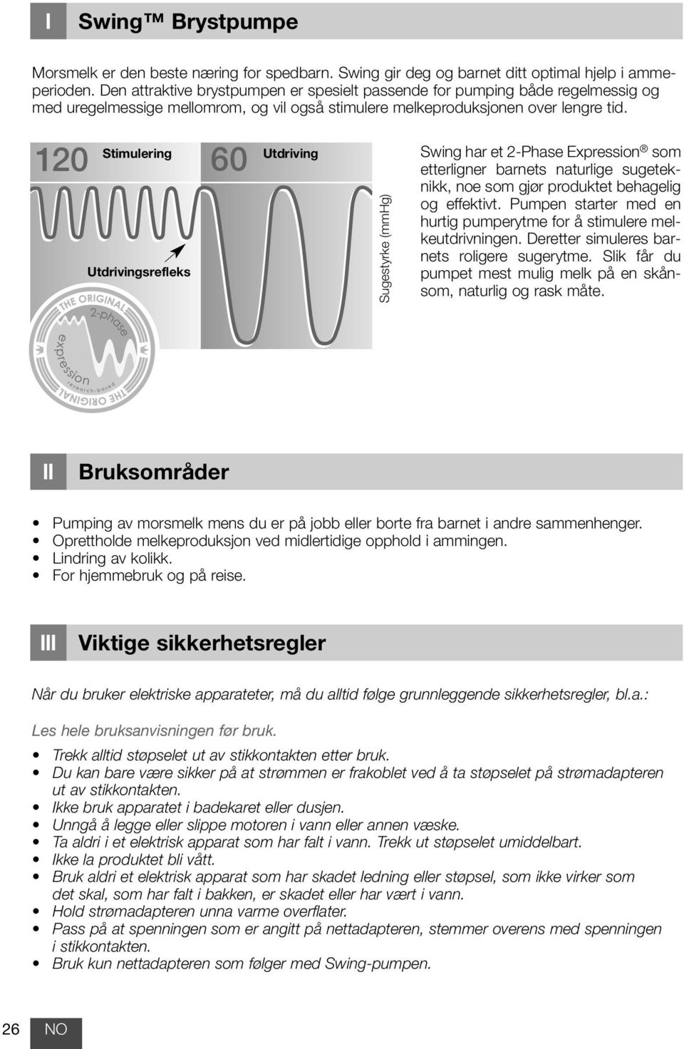 Stimulering 120 60 Utdrivingsrefleks Utdriving Sugestyrke (mmhg) Swing haret2-phaseexpression som etterligner barnets naturlige sugeteknikk, noe som gjør produktet behagelig og effektivt.