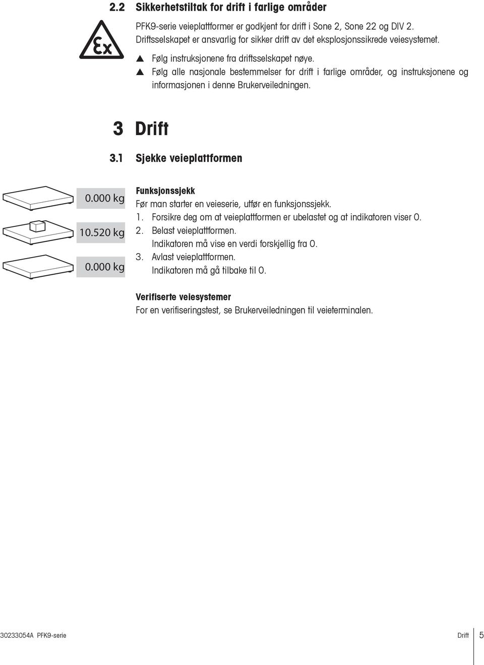 Følg alle nasjonale bestemmelser for drift i farlige områder, og instruksjonene og informasjonen i denne Brukerveiledningen. 3 Drift 3.1 Sjekke veieplattformen 0.000 kg 10.520 kg 0.