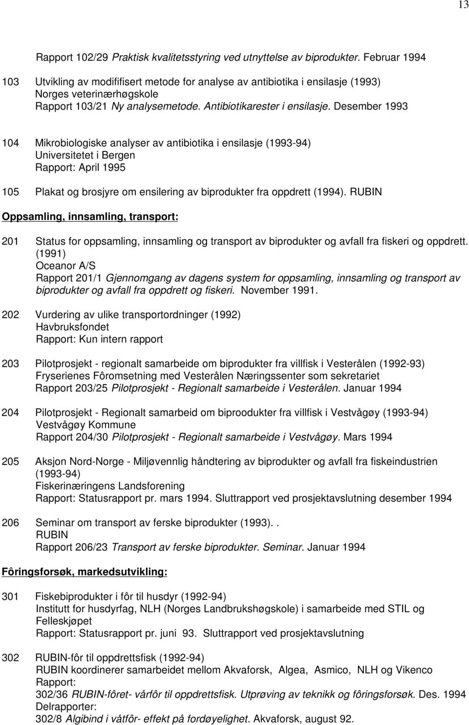 Desember 1993 104 Mikrobiologiske analyser av antibiotika i ensilasje (1993-94) Universitetet i Bergen Rapport: April 1995 105 Plakat og brosjyre om ensilering av biprodukter fra oppdrett (1994).