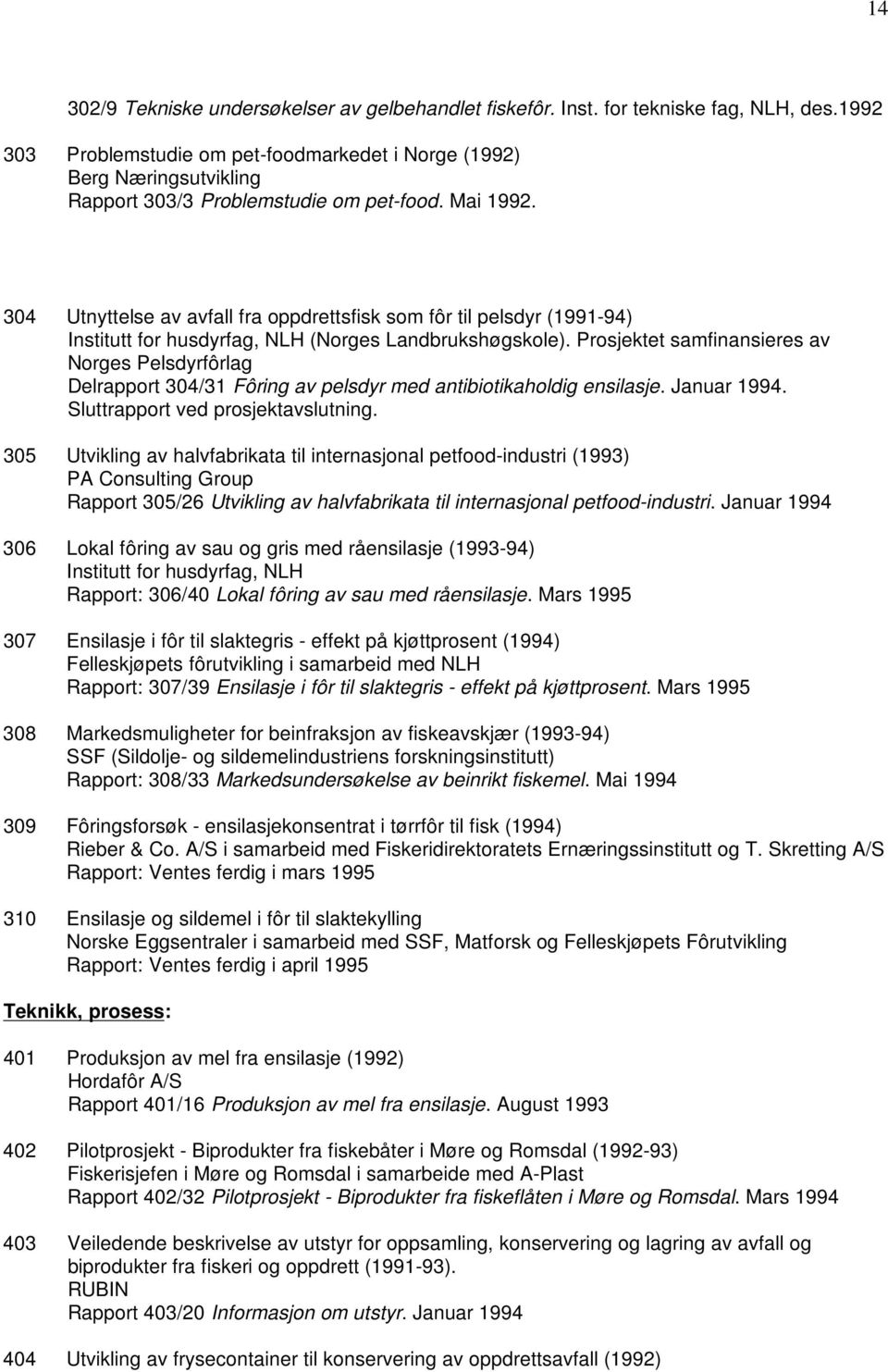 304 Utnyttelse av avfall fra oppdrettsfisk som fôr til pelsdyr (1991-94) Institutt for husdyrfag, NLH (Norges Landbrukshøgskole).