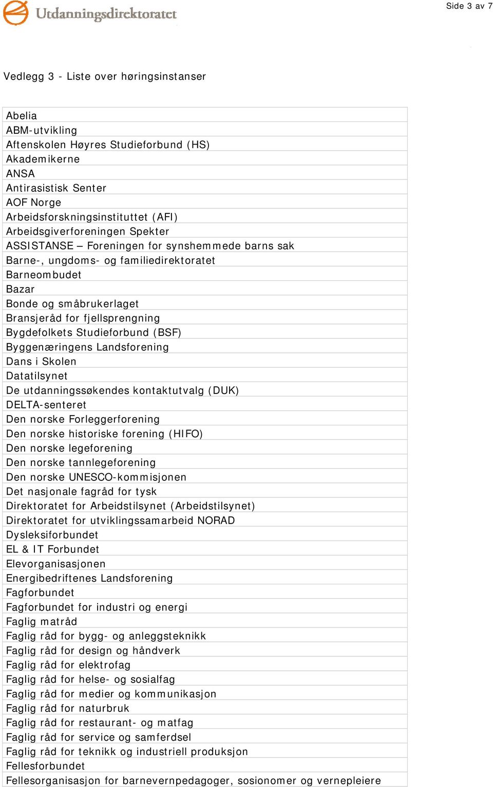 Bygdefolkets Studieforbund (BSF) Byggenæringens Landsforening Dans i Skolen Datatilsynet De utdanningssøkendes kontaktutvalg (DUK) DELTA-senteret Den norske Forleggerforening Den norske historiske