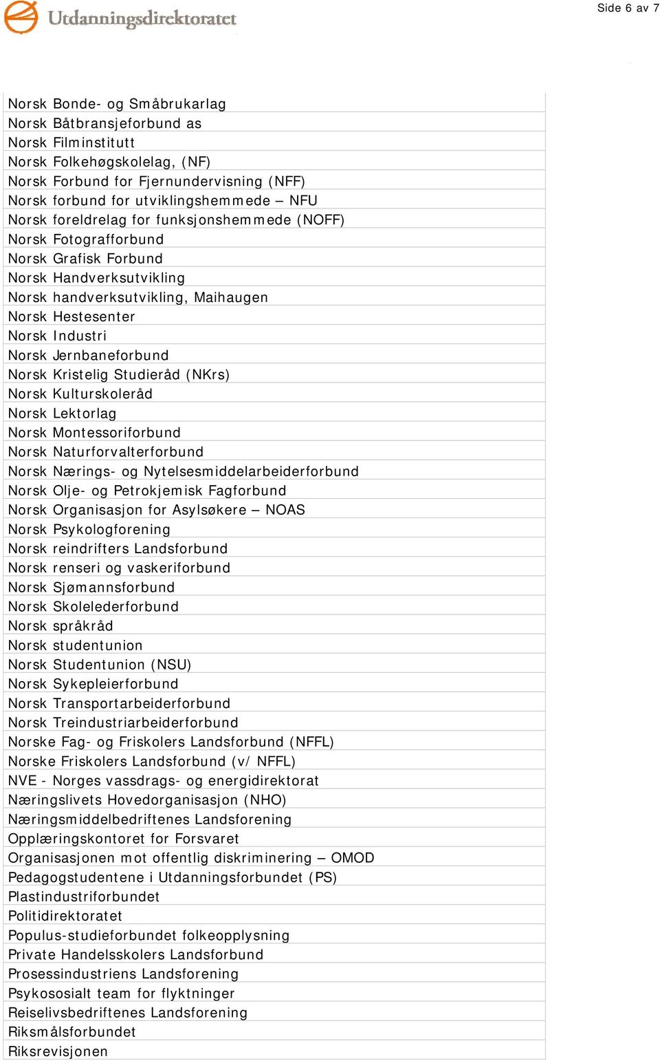 Norsk Kristelig Studieråd (NKrs) Norsk Kulturskoleråd Norsk Lektorlag Norsk Montessoriforbund Norsk Naturforvalterforbund Norsk Nærings- og Nytelsesmiddelarbeiderforbund Norsk Olje- og Petrokjemisk