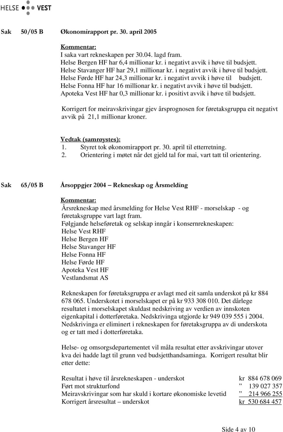 i negativt avvik i høve til budsjett. Apoteka Vest HF har 0,3 millionar kr. i positivt avvik i høve til budsjett.