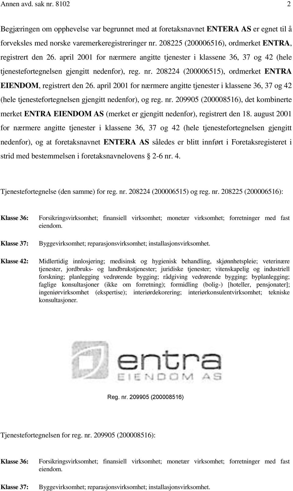 208224 (200006515), ordmerket ENTRA EIENDOM, registrert den 26. april 2001 for nærmere angitte tjenester i klassene 36, 37 og 42 (hele tjenestefortegnelsen gjengitt nedenfor), og reg. nr.