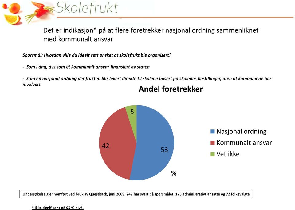 - Som i dag, dvssom et kommunalt ansvar finansiert av staten - Som en nasjonal ordning der frukten blir levert direkte til skolene basert på skolenes