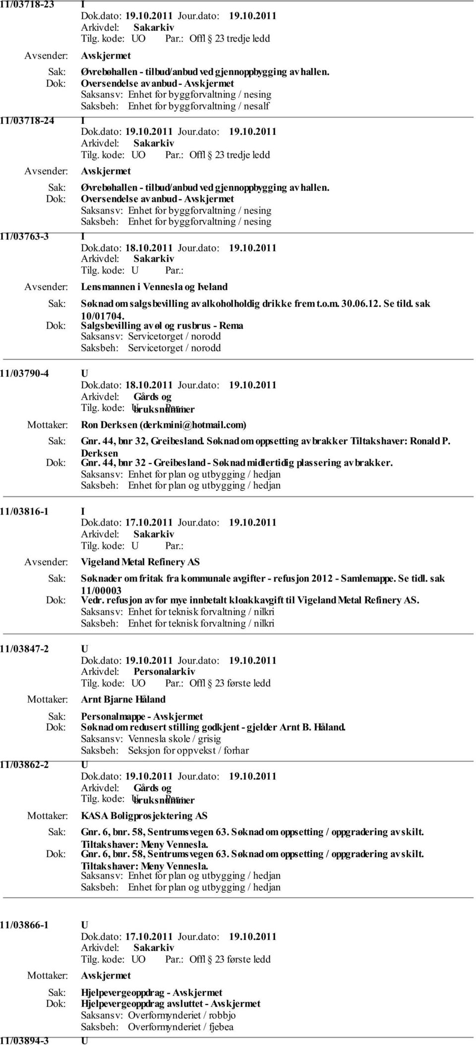 dato: 19.10.2011 Lensmannen i Vennesla og Iveland Søknad om salgsbevilling av alkoholholdig drikke frem t.o.m. 30.06.12. Se tild. sak 10/01704.