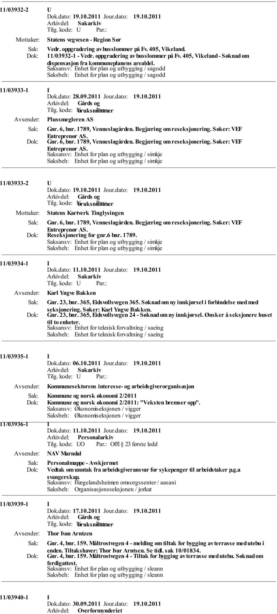 Begjæring om reseksjonering. Søker: VEF Entreprenør AS. Gnr. 6, bnr. 1789, Venneslagården. Begjæring om reseksjonering. Søker: VEF Entreprenør AS. Saksansv: Enhet for plan og utbygging / simkje Saksbeh: Enhet for plan og utbygging / simkje 11/03933-2 U Statens Kartverk Tinglysingen Gnr.