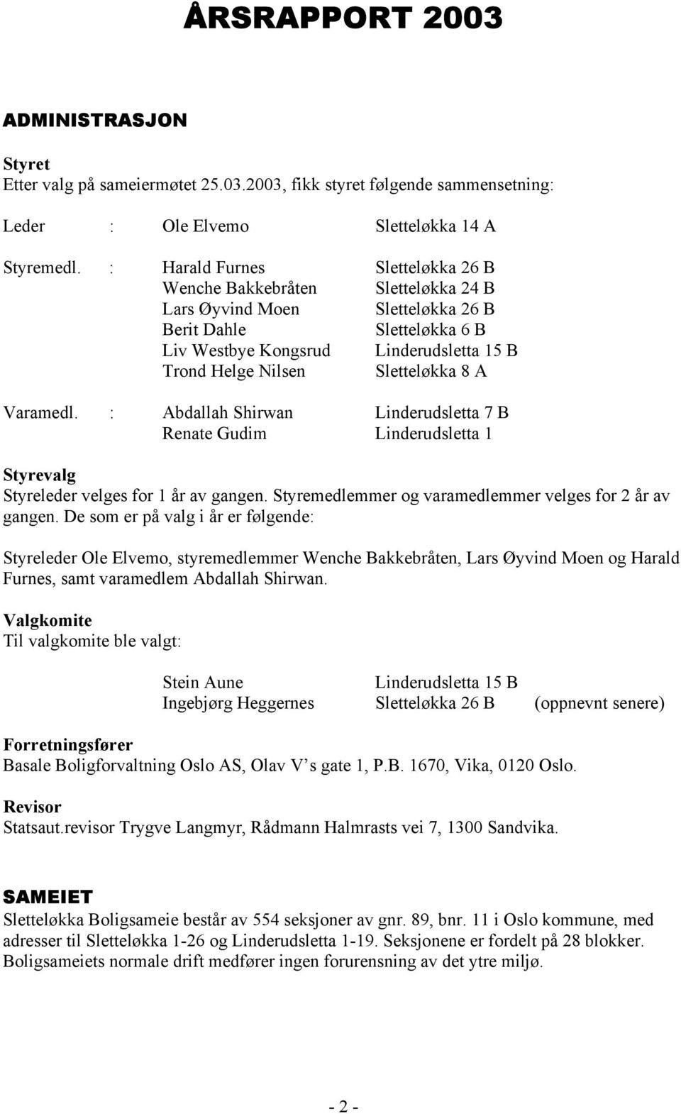 Sletteløkka 8 A Varamedl. : Abdallah Shirwan Linderudsletta 7 B Renate Gudim Linderudsletta 1 Styrevalg Styreleder velges for 1 år av gangen. Styremedlemmer og varamedlemmer velges for 2 år av gangen.