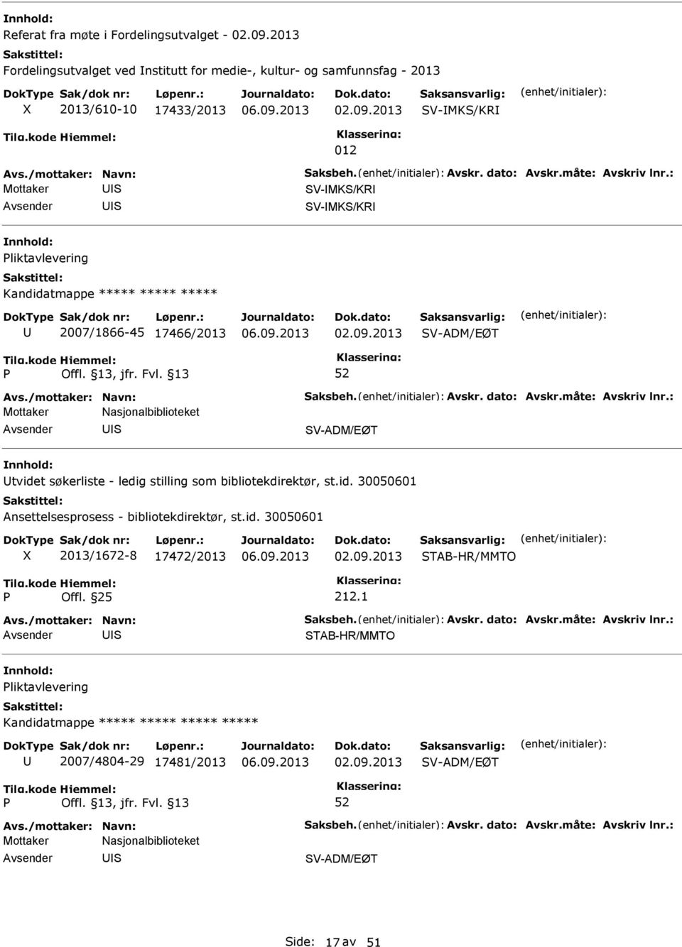 id. 30050601 2013/1672-8 17472/2013 02.09.2013 TAB-HR/MMTO 212.1 TAB-HR/MMTO liktavlevering Kandidatmappe ***** ***** ***** ***** 2007/4804-29 17481/2013 02.09.2013 V-ADM/EØT Mottaker Nasjonalbiblioteket V-ADM/EØT ide: 17 av 51