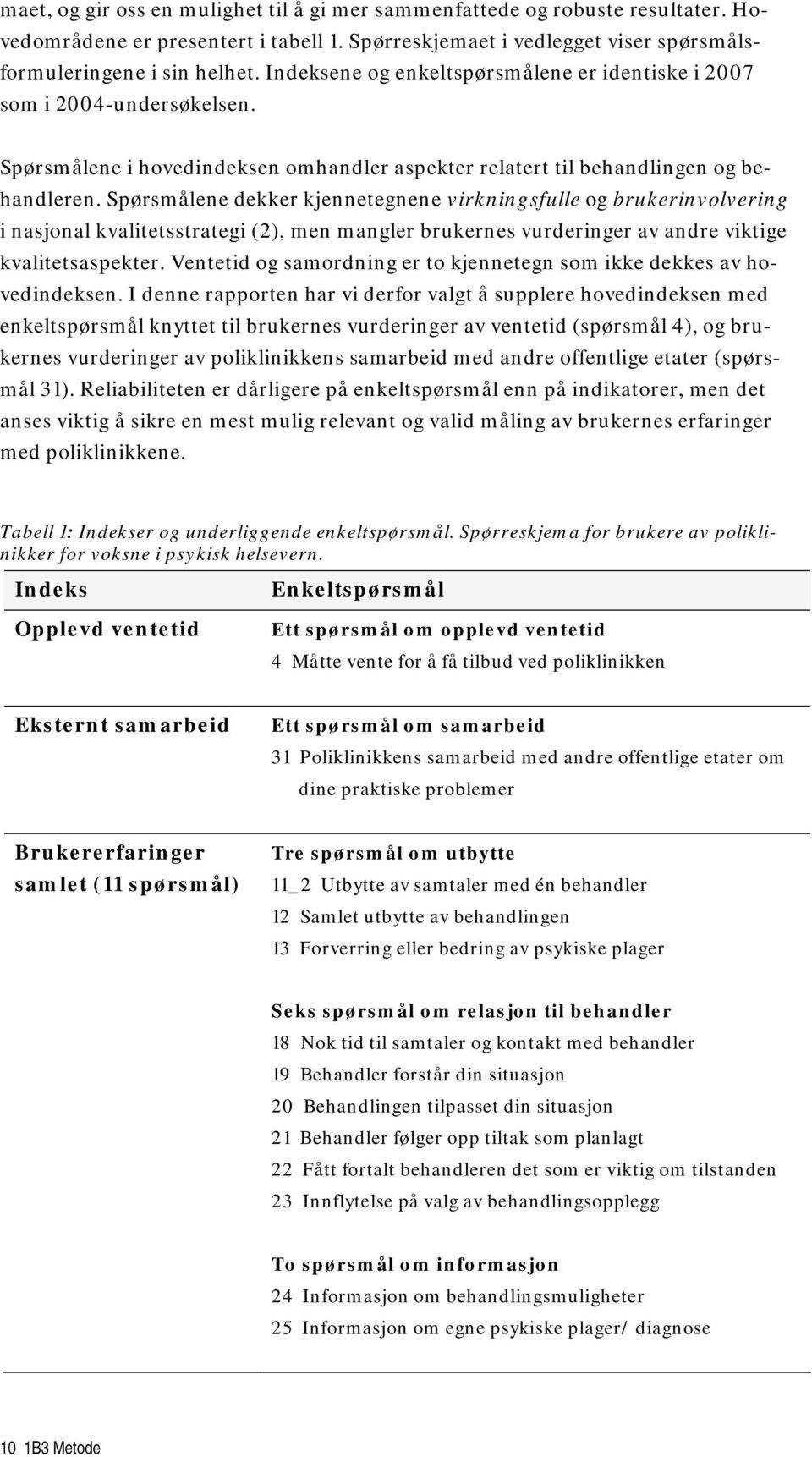 Spørsmålene dekker kjennetegnene virkningsfulle og brukerinvolvering i nasjonal kvalitetsstrategi (2), men mangler brukernes vurderinger av andre viktige kvalitetsaspekter.