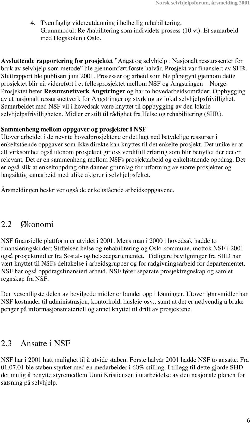 Sluttrapport ble publisert juni 2001. Prosesser og arbeid som ble påbegynt gjennom dette prosjektet blir nå videreført i et fellesprosjektet mellom NSF og Angstringen Norge.