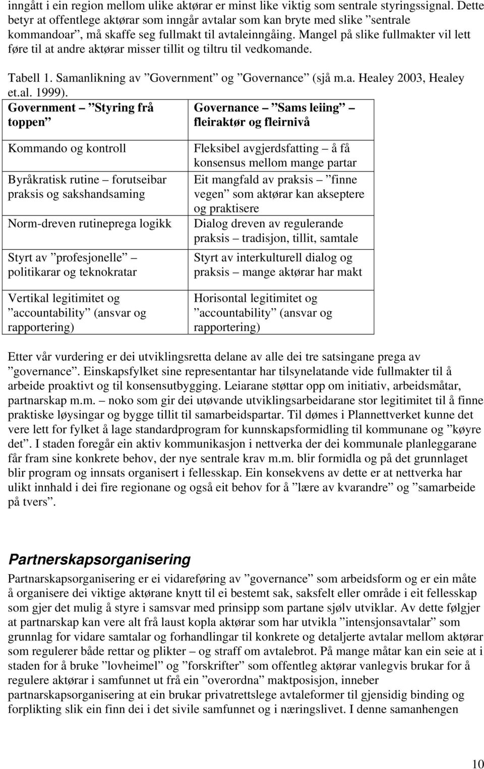 Mangel på slike fullmakter vil lett føre til at andre aktørar misser tillit og tiltru til vedkomande. Tabell 1. Samanlikning av Government og Governance (sjå m.a. Healey 2003, Healey et.al. 1999).