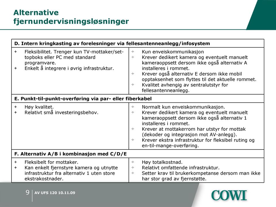 + Relativt små investeringsbehov. F. Alternativ A/B i kombinasjon med C/D/E + Fleksibelt for mottaker.