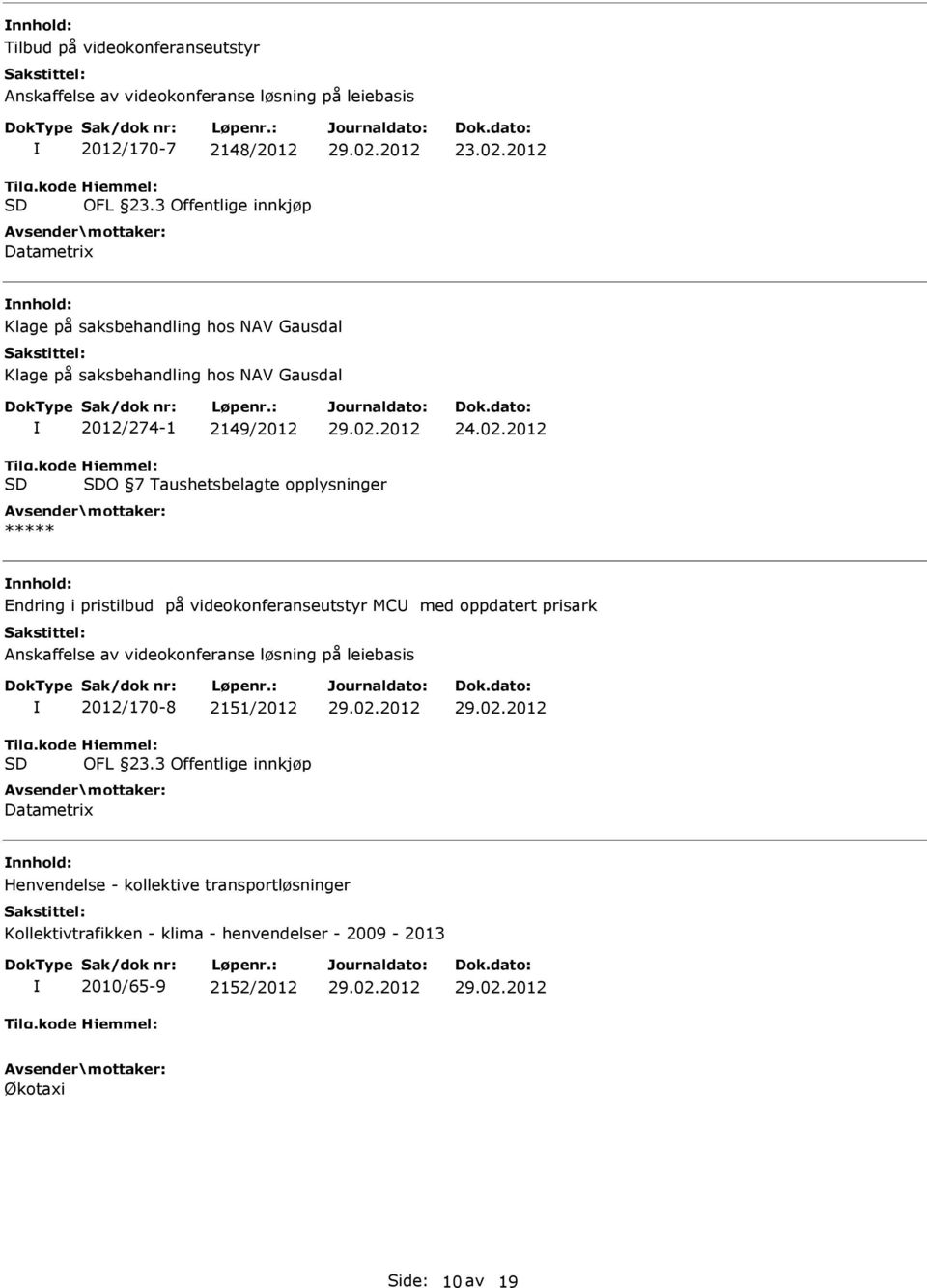 2012 O 7 Taushetsbelagte opplysninger ***** Endring i pristilbud på videokonferanseutstyr MC med oppdatert prisark Anskaffelse av videokonferanse løsning på