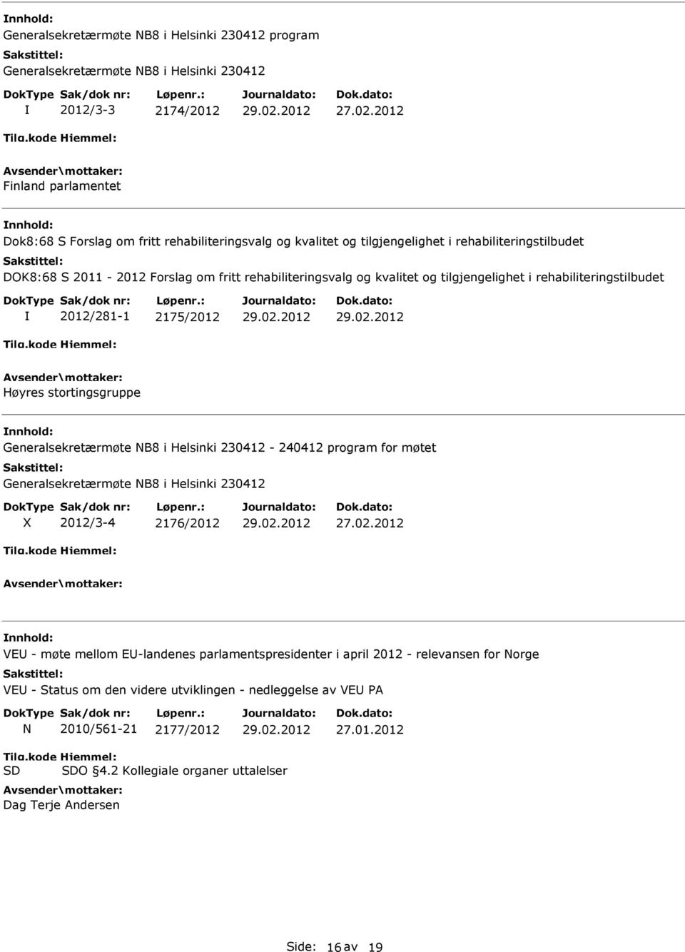 og tilgjengelighet i rehabiliteringstilbudet 2012/281-1 2175/2012 Høyres stortingsgruppe Generalsekretærmøte NB8 i Helsinki 230412-240412 program for møtet Generalsekretærmøte NB8 i Helsinki 230412