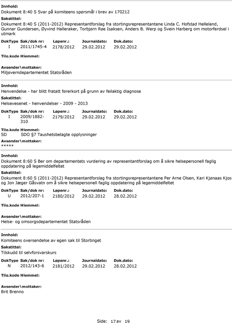 Werp og Svein Harberg om motorferdsel i utmark 2011/1745-4 2178/2012 Miljøverndepartementet Statsråden Henvendelse - har blitt fratatt førerkort på grunn av feilaktig diagnose Helsevesenet -