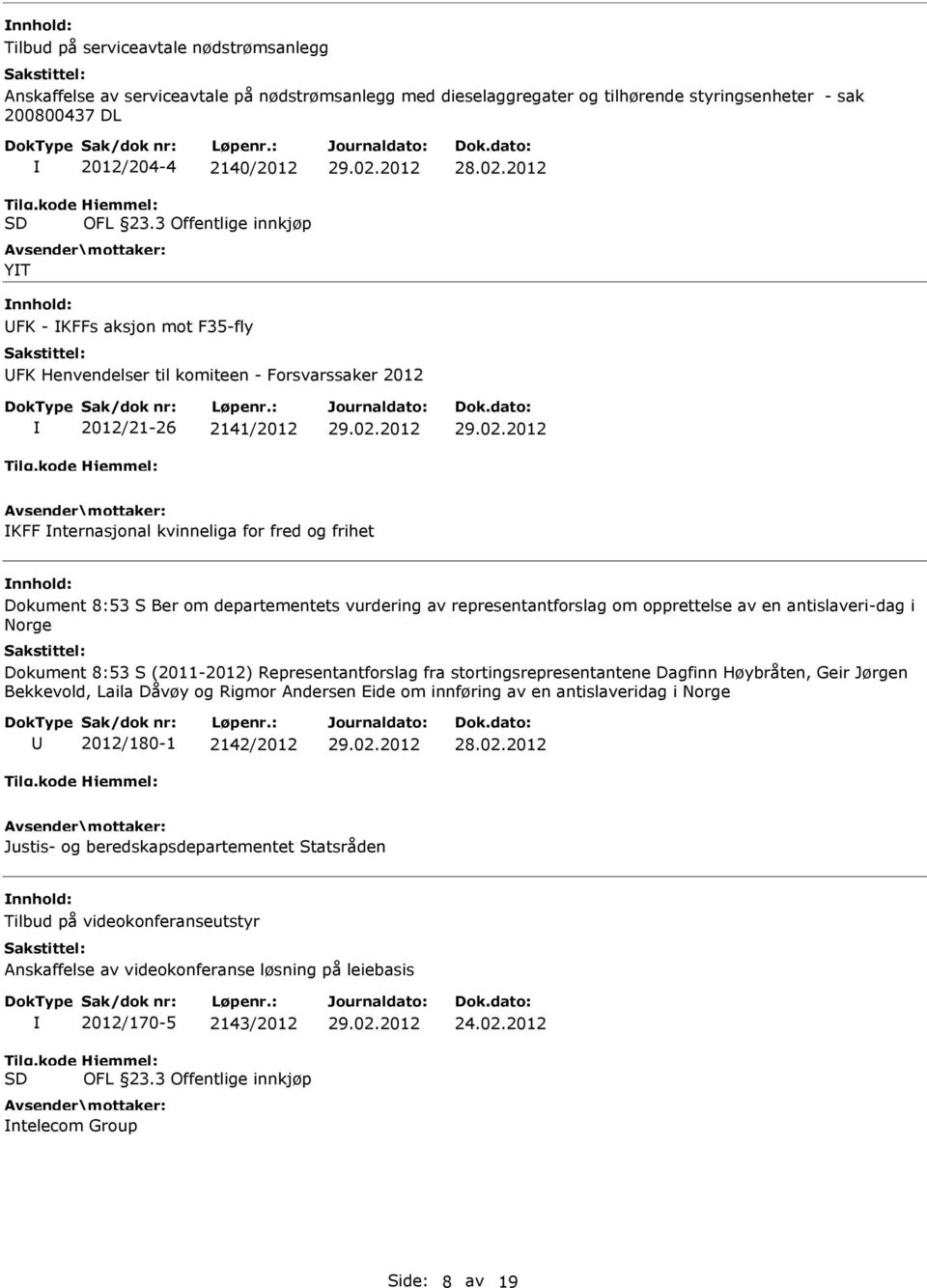 departementets vurdering av representantforslag om opprettelse av en antislaveri-dag i Norge Dokument 8:53 S (2011-2012) Representantforslag fra stortingsrepresentantene Dagfinn Høybråten, Geir