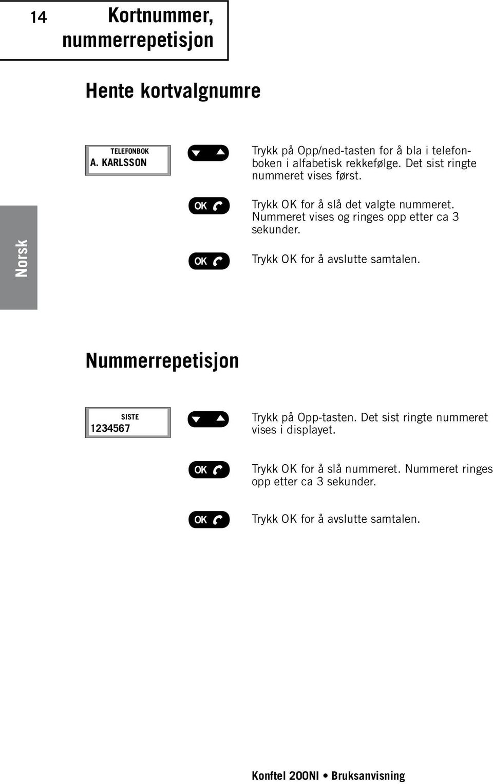 Trykk OK for å slå det valgte nummeret. Nummeret vises og ringes opp etter ca 3 sekunder. Trykk OK for å avslutte samtalen.