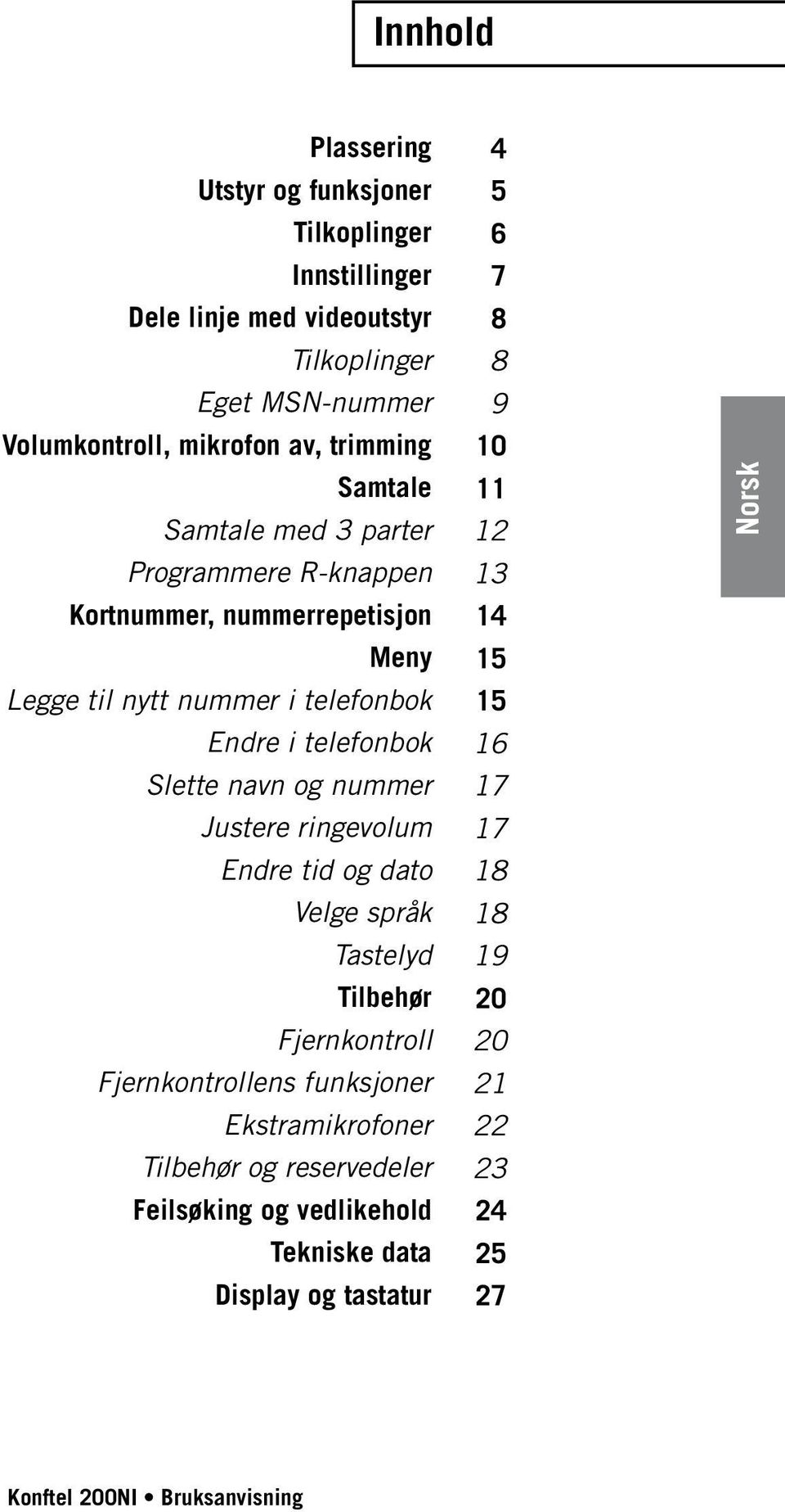 Slette navn og nummer Justere ringevolum Endre tid og dato Velge språk Tastelyd Tilbehør Fjernkontroll Fjernkontrollens funksjoner Ekstramikrofoner