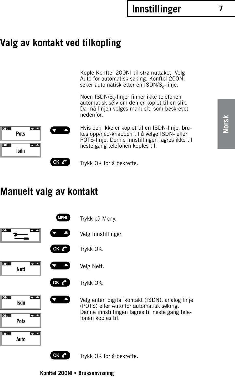 Hvis den ikke er koplet til en ISDN-linje, brukes opp/ned-knappen til å velge ISDN- eller POTS-linje. Denne innstillingen lagres ikke til neste gang telefonen koples til. Trykk OK for å bekrefte.