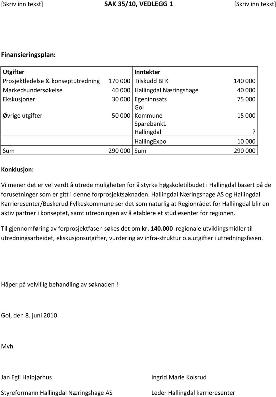 HallingExpo 10 000 Sum 290 000 Sum 290 000 Konklusjon: Vi mener det er vel verdt å utrede muligheten for å styrke høgskoletilbudet i Hallingdal basert på de forusetninger som er gitt i denne