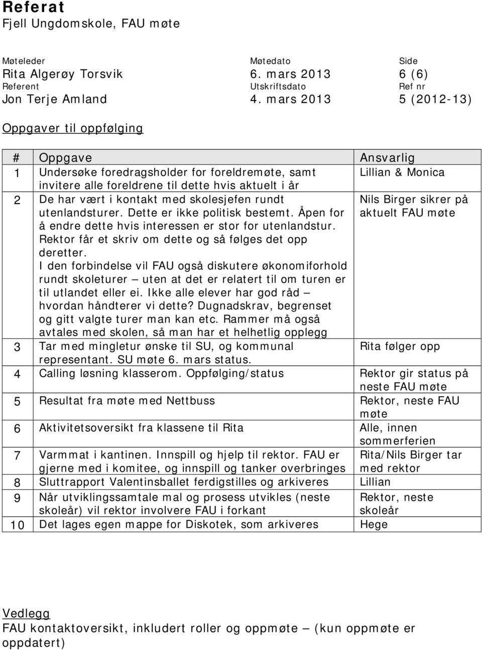 kontakt med skolesjefen rundt utenlandsturer. Dette er ikke politisk bestemt. Åpen for Nils Birger sikrer på aktuelt FAU møte å endre dette hvis interessen er stor for utenlandstur.