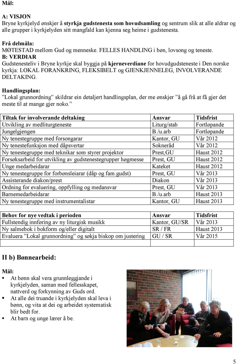 B: VERDIAR Gudstenesteliv i Bryne kyrkje skal byggja på kjerneverdiane for hovudgudsteneste i Den norske kyrkja: LOKAL FORANKRING, FLEKSIBELT og GJENKJENNELEG, INVOLVERANDE DELTAKING.