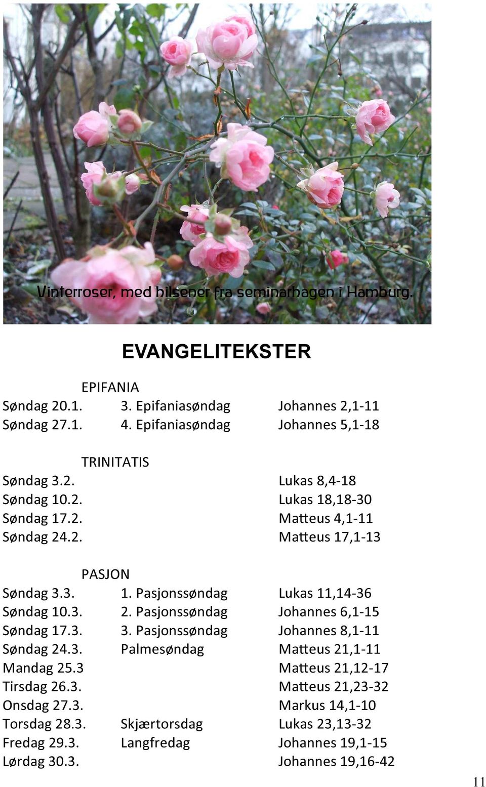 3. 2. Pasjonssøndag Johannes 6,115 Søndag 17.3. 3. Pasjonssøndag Johannes 8,111 Søndag 24.3. Palmesøndag Maeus 21,111 Mandag 25.3 Maeus 21,1217 Tirsdag 26.3. Maeus 21,2332 Onsdag 27.