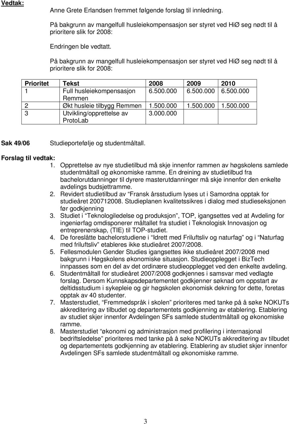 000 6.500.000 6.500.000 Remmen 2 Økt husleie tilbygg Remmen 1.500.000 1.500.000 1.500.000 3 Utvikling/opprettelse av ProtoLab 3.000.000 Sak 49/06 Studieportefølje og studentmåltall. 1. Opprettelse av nye studietilbud må skje innenfor rammen av høgskolens samlede studentmåltall og økonomiske ramme.