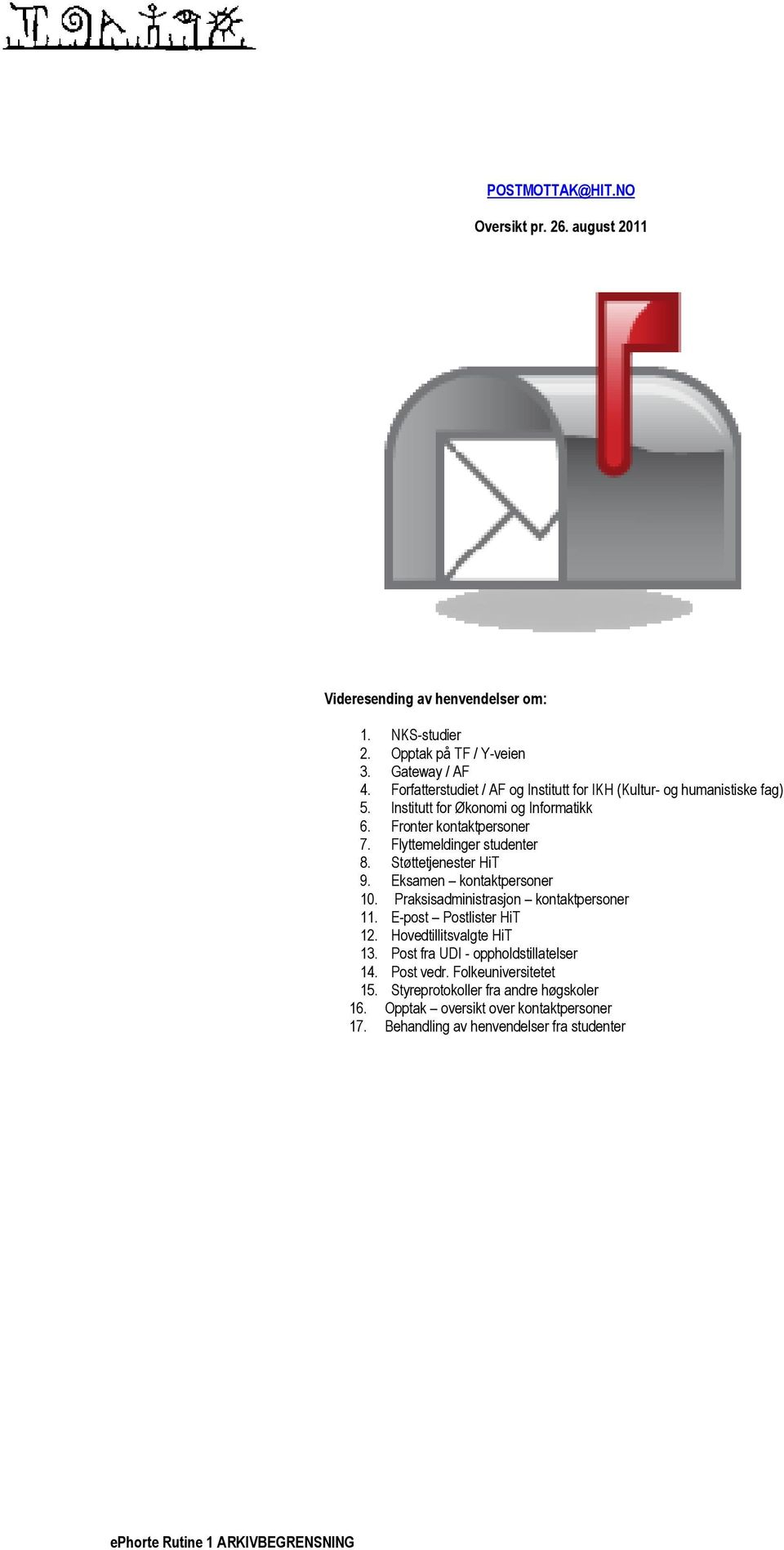 Flyttemeldinger studenter 8. Støttetjenester HiT 9. Eksamen kontaktpersoner 10. Praksisadministrasjon kontaktpersoner 11. E-post Postlister HiT 12.