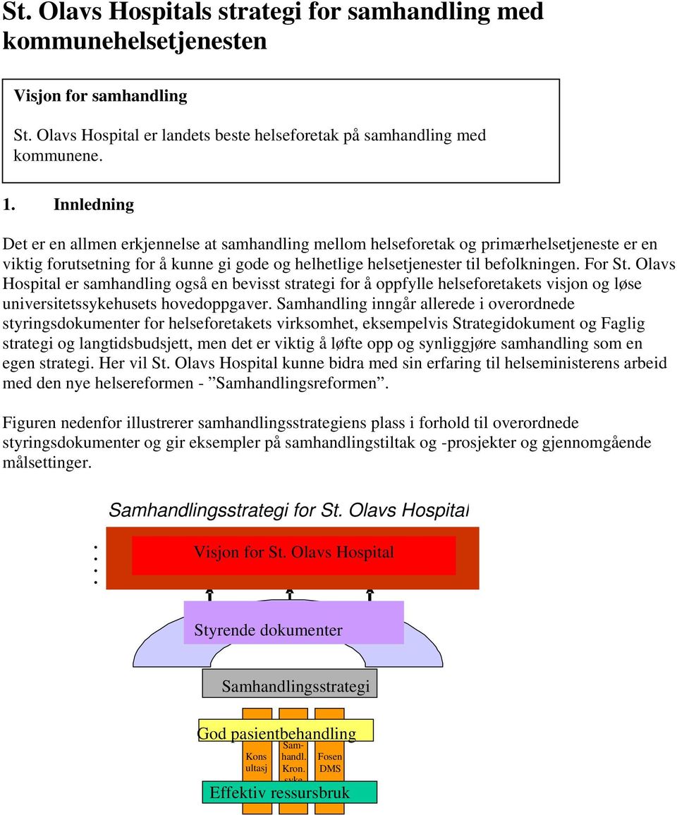 Olavs Hospital er samhandling også en bevisst strategi for å oppfylle helseforetakets visjon og løse universitetssykehusets hovedoppgaver.