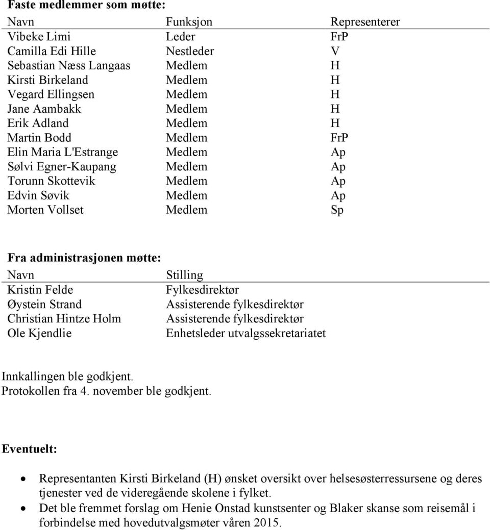 Fra administrasjonen møtte: Navn Stilling Kristin Felde Fylkesdirektør Øystein Strand Assisterende fylkesdirektør Christian Hintze Holm Assisterende fylkesdirektør Ole Kjendlie Enhetsleder