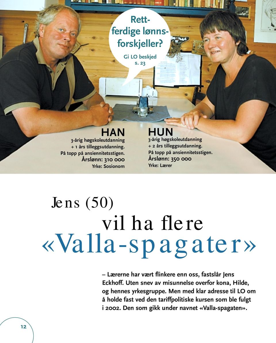 Årslønn: 350 000 Yrke: Lærer Jens (50) vil ha flere «Valla-spagater» Lærerne har vært flinkere enn oss, fastslår Jens Eckhoff.