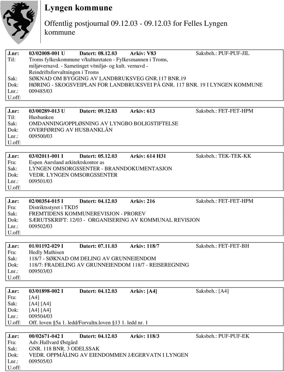 : 009485/03 -QU 8 'DWHUW $UNLY Saksbeh.: FET-FET-HPM Til: Husbanken Sak: OMDANNING/OPPLØSNING AV LYNGBO BOLIGSTIFTELSE Dok: OVERFØRING AV HUSBANKLÅN Lnr.: 009500/03 -QU, 'DWHUW $UNLY+ Saksbeh.