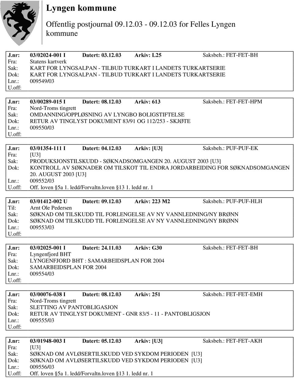 : 009550/03 -QU, 'DWHUW $UNLY>8@ Saksbeh.: PUF-PUF-EK Fra: [U3] Sak: PRODUKSJONSTILSKUDD - SØ KNADSOMGANGEN 20.