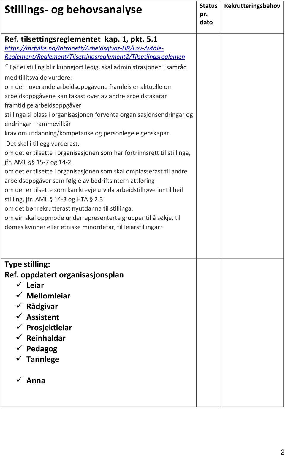 om dei noverande arbeidsoppgåvene framleis er aktuelle om arbeidsoppgåvene kan takast over av andre arbeidstakarar framtidige arbeidsoppgåver stillinga si plass i organisasjonen forventa