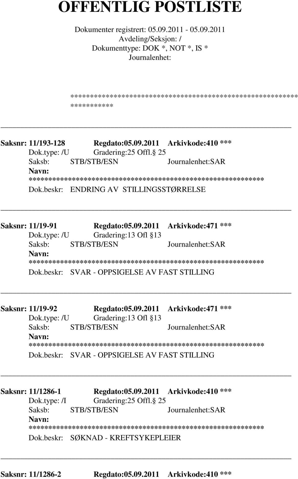 beskr: SVAR - OPPSIGELSE AV FAST STILLING Saksnr: 11/19-92 Regdato:05.09.2011 Arkivkode:471 *** ** Dok.