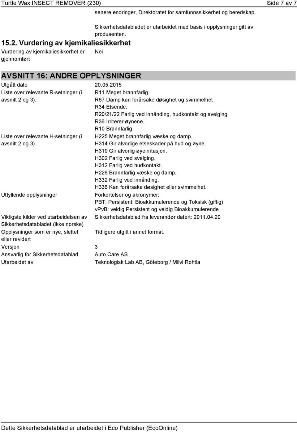 Liste over relevante H-setninger (i avsnitt 2 og 3).