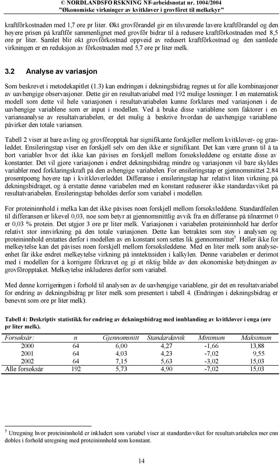 Samlet blir økt grovfôrkostnad oppveid av redusert kraftfôrkostnad og den samlede virkningen er en reduksjon av fôrkostnaden med 5,7 øre pr liter melk. 3.