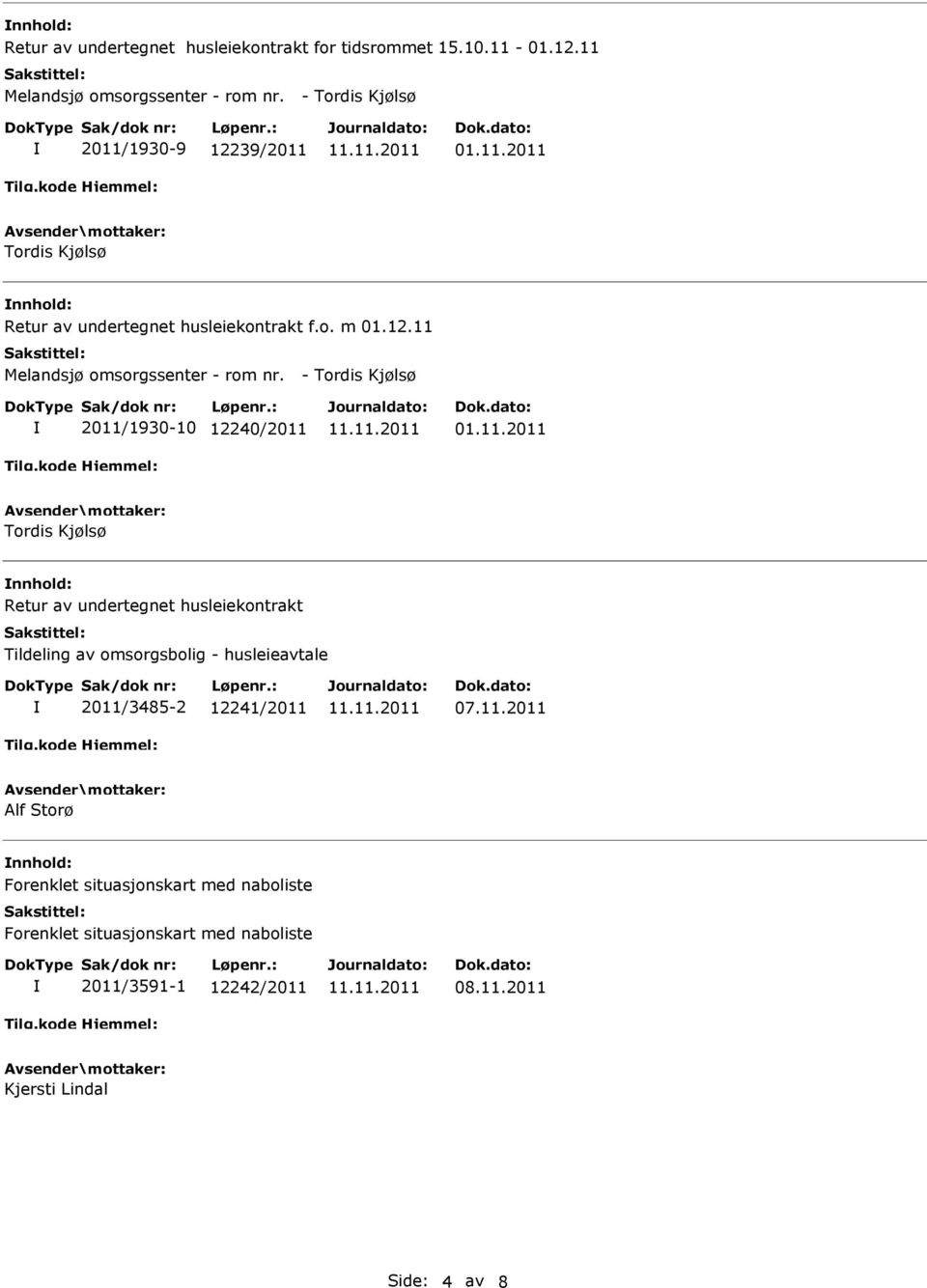 - Tordis Kjølsø 2011/1930-10 12240/2011 01.11.2011 Tordis Kjølsø Retur av undertegnet husleiekontrakt Tildeling av omsorgsbolig - husleieavtale 2011/3485-2 12241/2011 07.