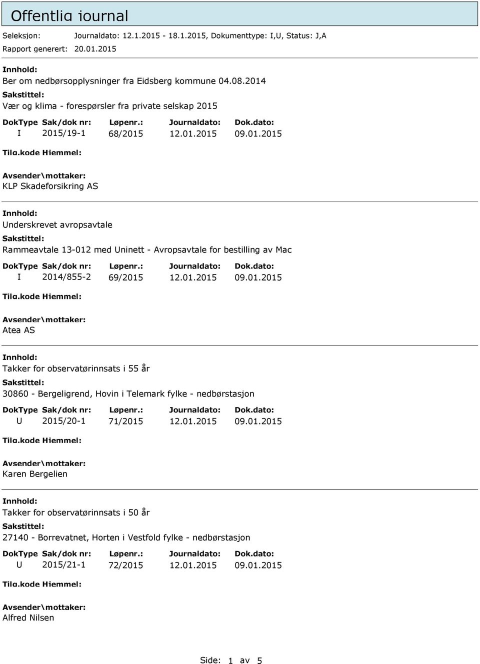 Avropsavtale for bestilling av Mac 2014/855-2 69/2015 Atea AS Takker for observatørinnsats i 55 år 30860 - Bergeligrend, Hovin i Telemark fylke - nedbørstasjon