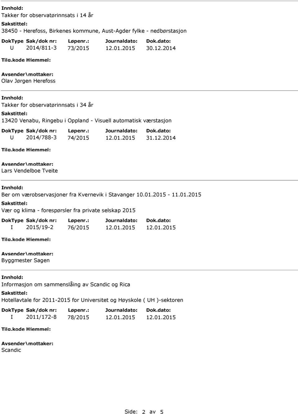 2014 Lars Vendelboe Tveite Ber om værobservasjoner fra Kvernevik i Stavanger 10.01.2015-11.01.2015 Vær og klima - forespørsler fra private selskap 2015