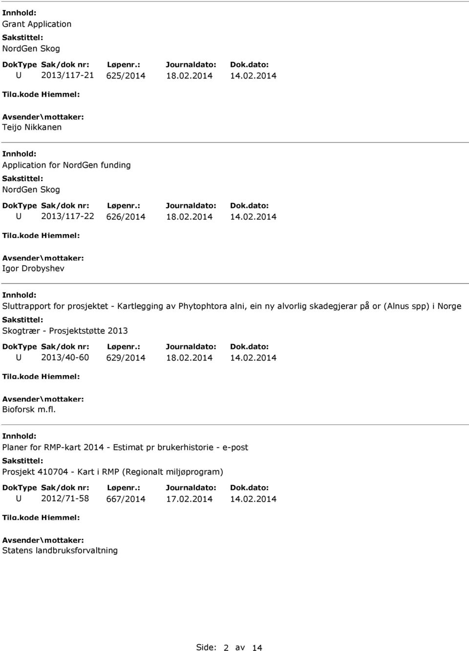 spp) i Norge Skogtrær - Prosjektstøtte 2013 2013/40-60 629/2014 Bioforsk m.fl.