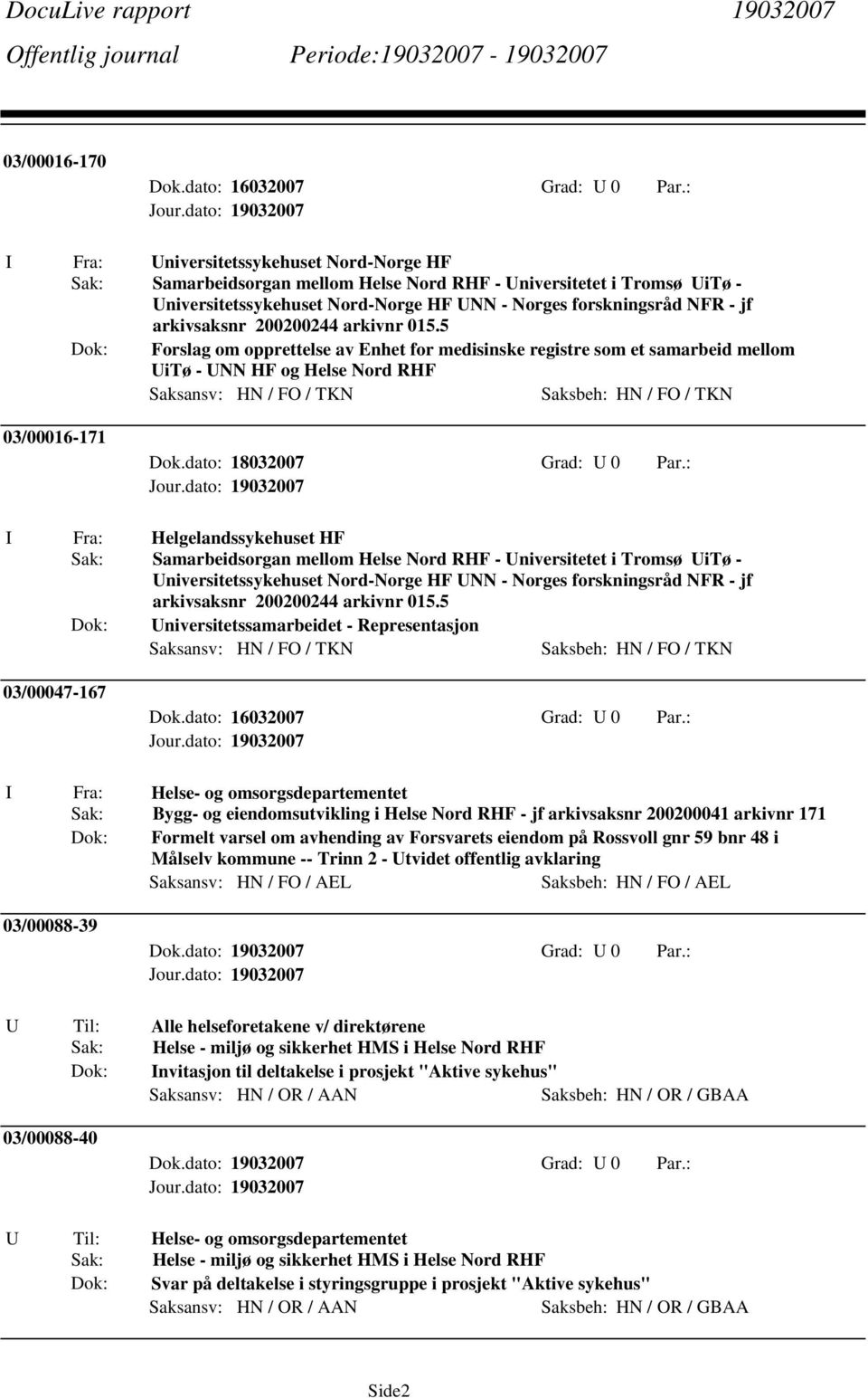 : Helgelandssykehuset HF Samarbeidsorgan mellom Helse Nord RHF - Universitetet i Tromsø UiTø - Universitetssykehuset Nord-Norge HF UNN - Norges forskningsråd NFR - jf arkivsaksnr 200200244 arkivnr