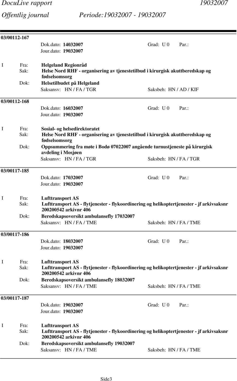 kirurgisk avdeling i Mosjøen Saksansv: HN / FA / TGR Saksbeh: HN / FA / TGR 03/00117-185 Dok.dato: 17032007 Grad: U 0 Par.