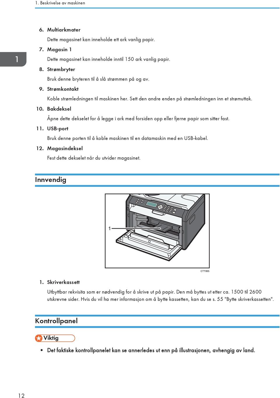 Bakdeksel Åpne dette dekselet for å legge i ark med forsiden opp eller fjerne papir som sitter fast. 11. USB-port Bruk denne porten til å koble maskinen til en datamaskin med en USB-kabel. 12.